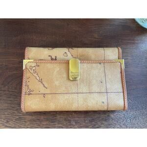 Alviero Martini 1A Classe Geo Map Italian Leather Tri-Fold Wallet Gold Hardware